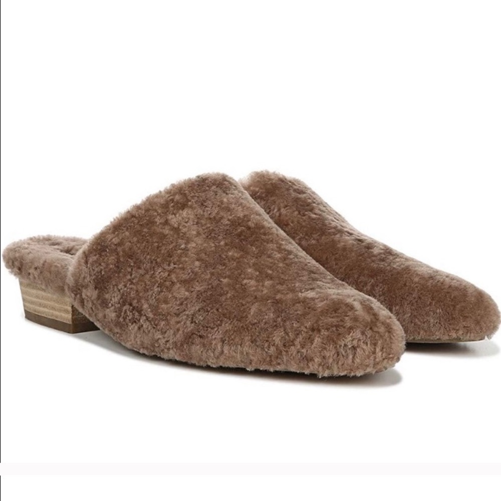 Vince Gaia Shearling Sherpa Mules Block Heel Tan